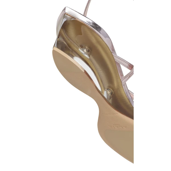 Alaia Invisible Thong in Mirror Calfskin, Blush and Silver | Sandals | Luxury Shoes 