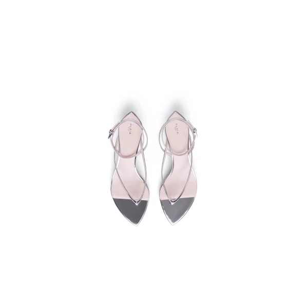 Alaia Invisible Thong in Mirror Calfskin, Blush and Silver | Sandals | Luxury Shoes 
