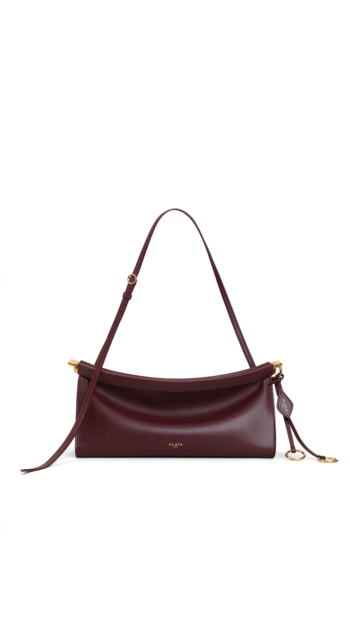Alaia Le Click East West Medium Bag in Calfskin, Garnet Red Alaia Le Click East West Medium Bag in Calfskin, Garnet Red | Shoulder & Crossbody Bags | Luxury Shoes
