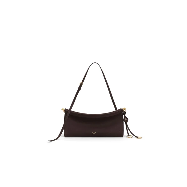 Alaia Le Click East West Medium Bag in Nubuck, Dark Brown | Shoulder & Crossbody Bags | Luxury Shoes 