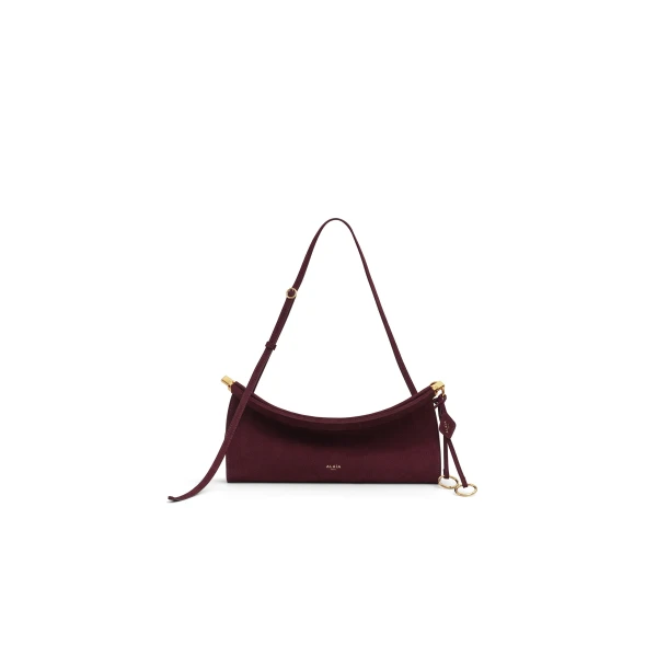 Alaia Le Click East West Medium Bag in Nubuck, Garnet Red | Shoulder & Crossbody Bags | Luxury Shoes 