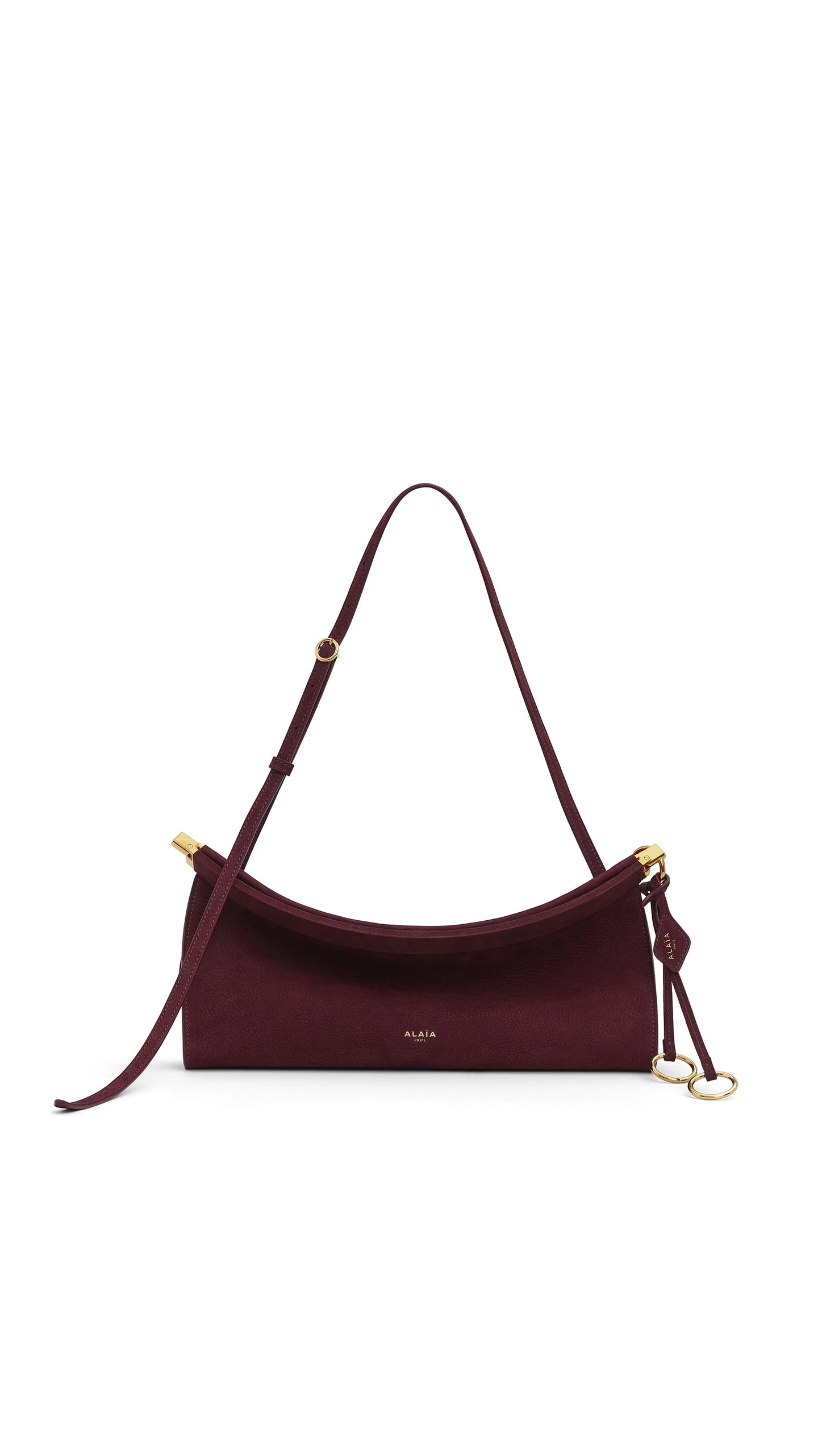 Alaia Le Click East West Medium Bag in Nubuck, Garnet Red Alaia Le Click East West Medium Bag in Nubuck, Garnet Red | Shoulder & Crossbody Bags | Luxury Shoes