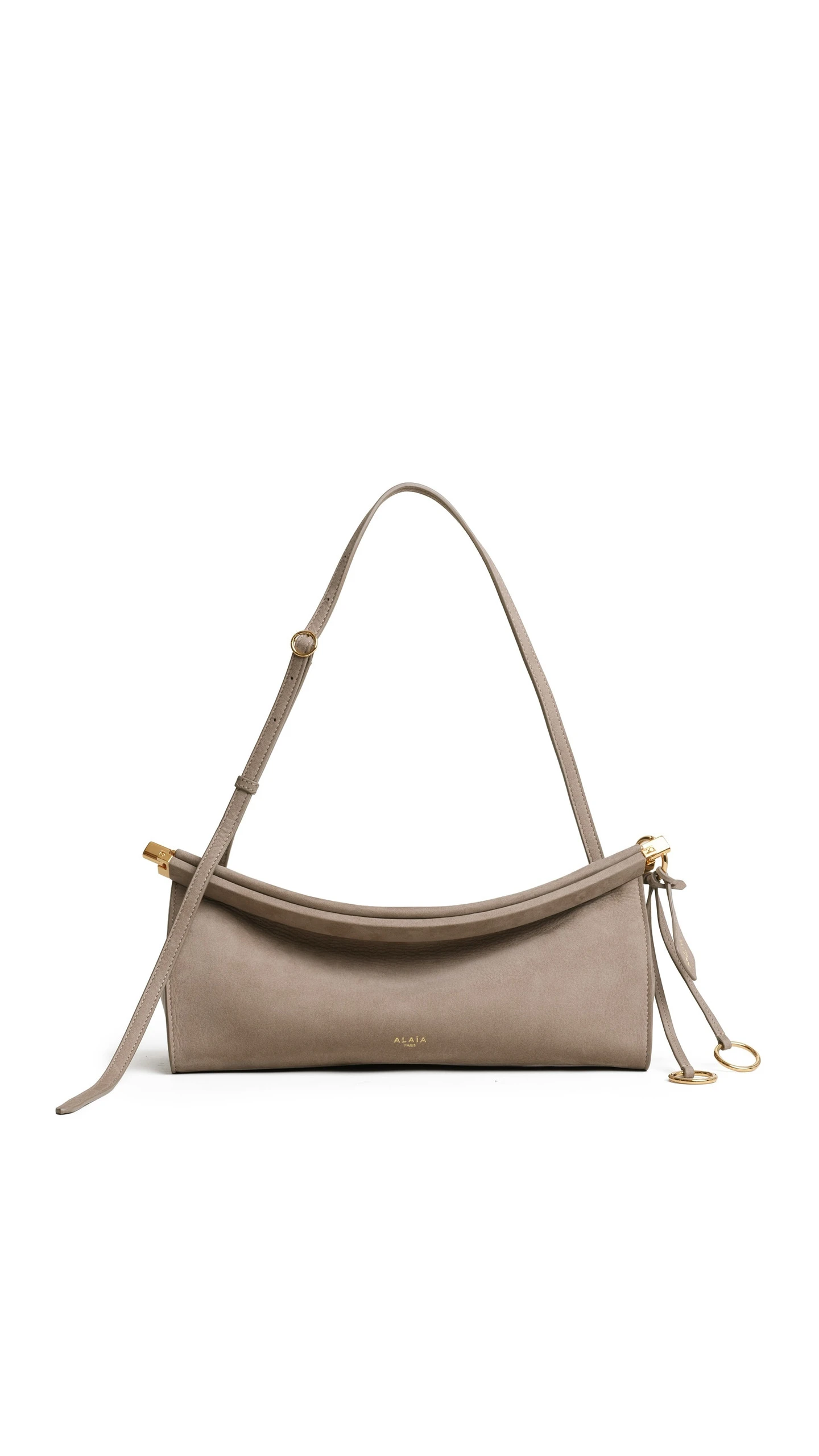 Alaia Le Click East West Medium Bag in Nubuck, Mist Alaia Le Click East West Medium Bag in Nubuck, Mist | Shoulder & Crossbody Bags | Luxury Shoes