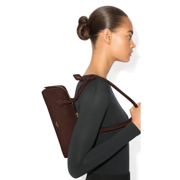 Alaia Le Teckel Small Bag in Nubuck, Brown and Gold | Shoulder & Crossbody Bags | Luxury Shoes 