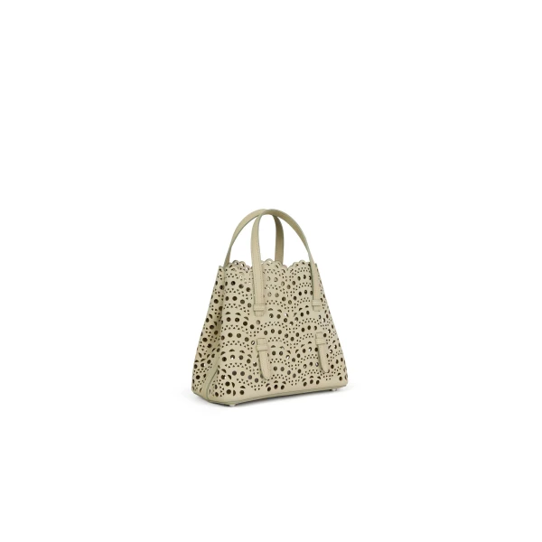 Alaia Mina 20 Bag in Perforated Vienne Nubuck, Almond Green | Mini Bags | Luxury Shoes 