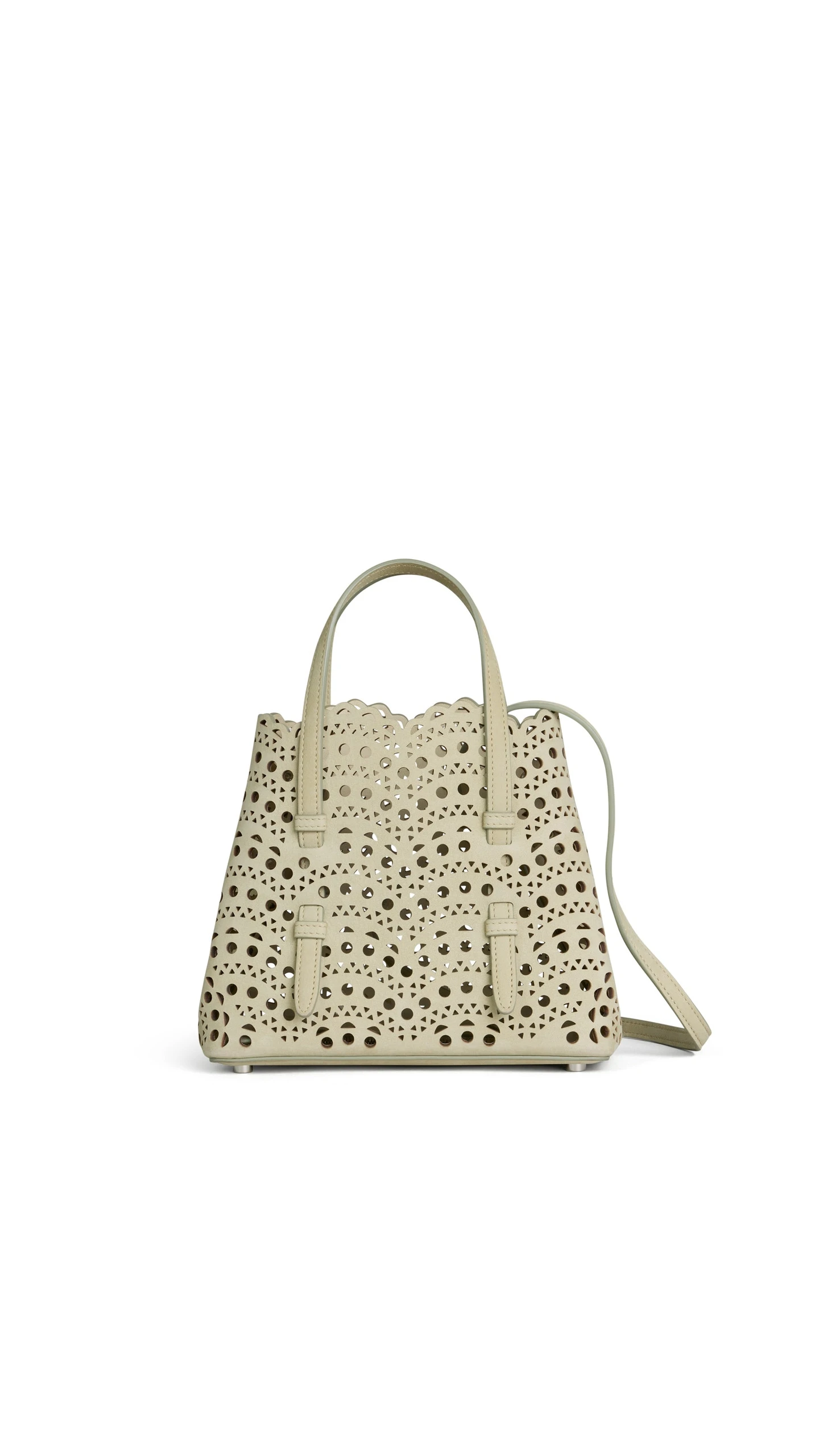 Alaia Mina 20 Bag in Perforated Vienne Nubuck, Almond Green Alaia Mina 20 Bag in Perforated Vienne Nubuck, Almond Green | Mini Bags | Luxury Shoes