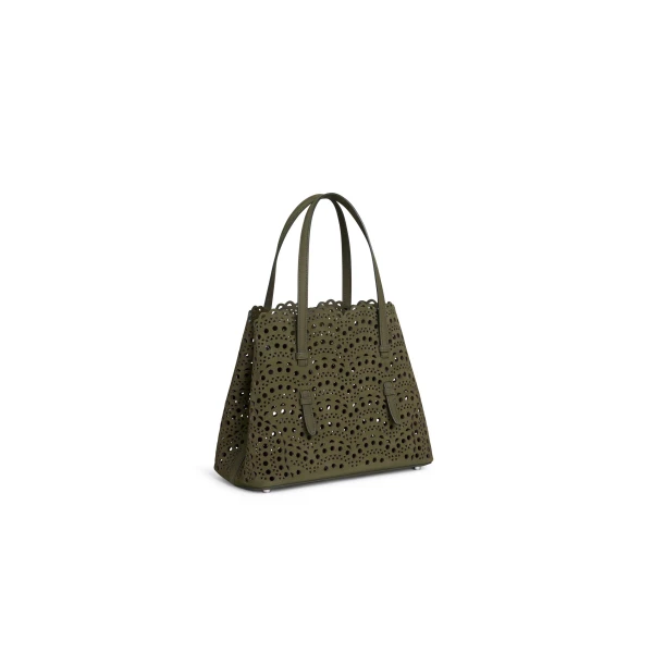 Alaia Mina 25 Bag in Perforated Vienne Nubuck, Khaki | Shoulder & Crossbody Bags | Luxury Shoes 