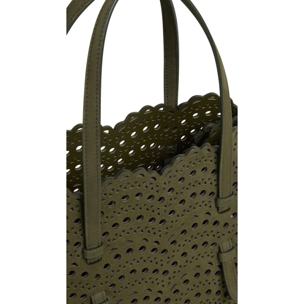 Alaia Mina 25 Bag in Perforated Vienne Nubuck, Khaki | Shoulder & Crossbody Bags | Luxury Shoes 