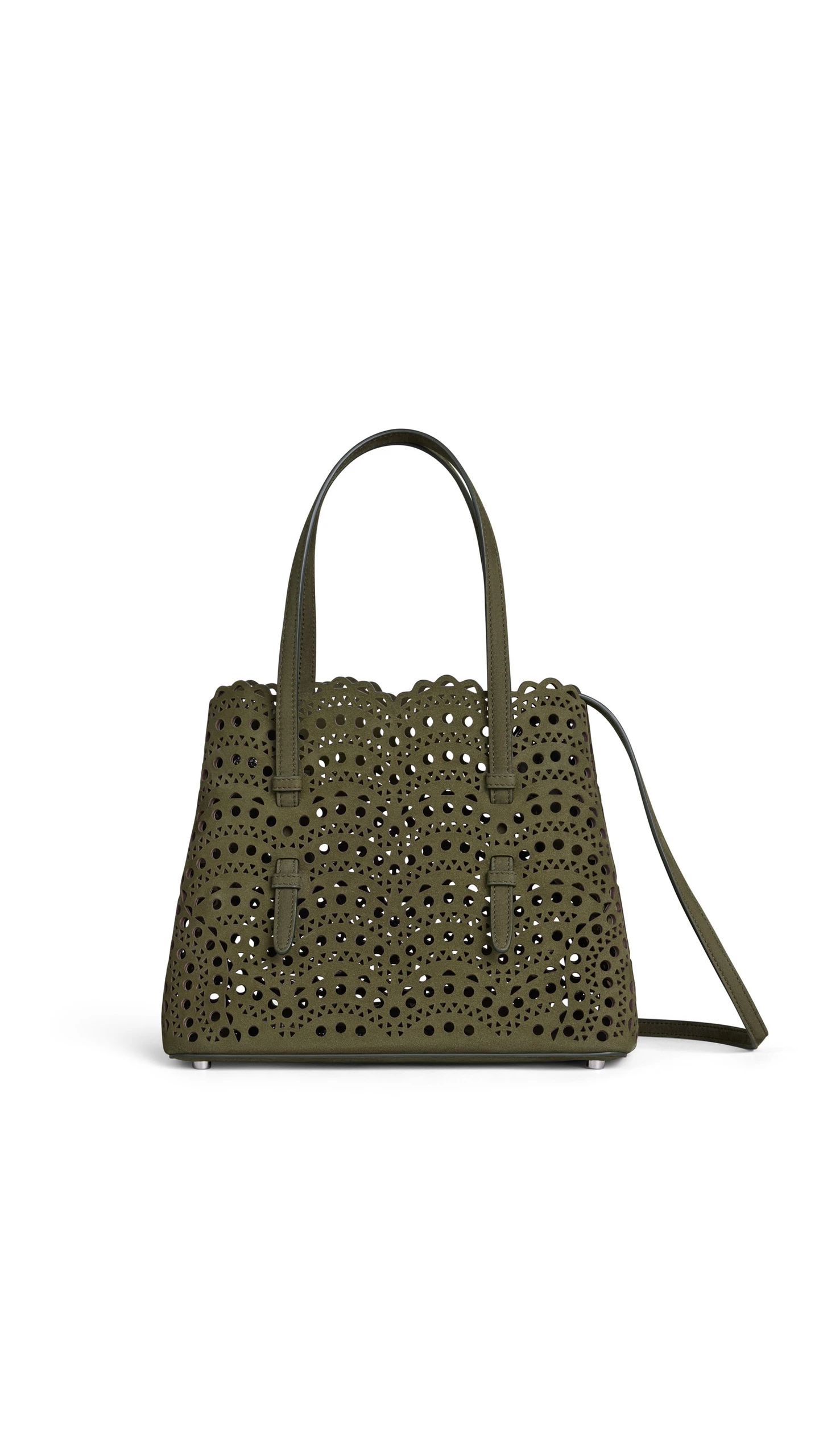 Alaia Mina 25 Bag in Perforated Vienne Nubuck, Khaki Alaia Mina 25 Bag in Perforated Vienne Nubuck, Khaki | Shoulder & Crossbody Bags | Luxury Shoes