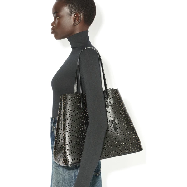 Alaia Mina 37 Bag in Perforated Vienne Calfskin, Black | Shoulder & Crossbody Bags | Luxury Shoes 