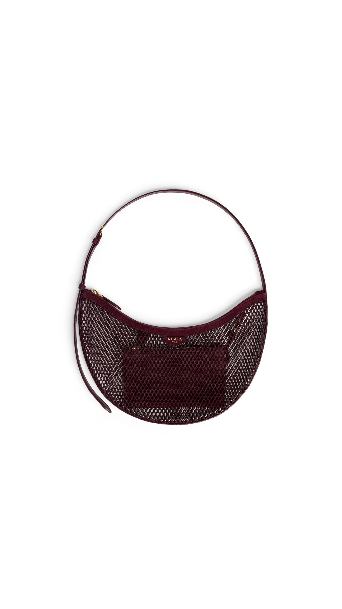 Alaia One Piece Demi Lune Bag in Fishnet and Suede, Garnet Red Alaia One Piece Demi Lune Bag in Fishnet and Suede, Garnet Red | Shoulder & Crossbody Bags | Luxury Shoes