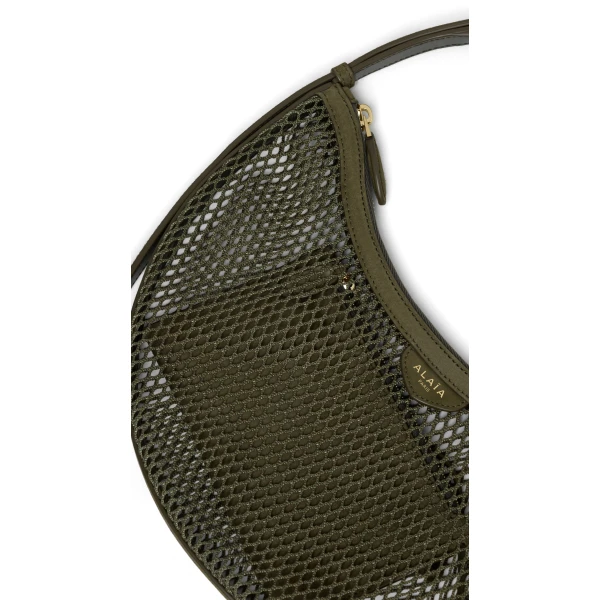 Alaia One Piece Demi Lune Bag in Fishnet and Suede, Khaki | Shoulder & Crossbody Bags | Luxury Shoes 
