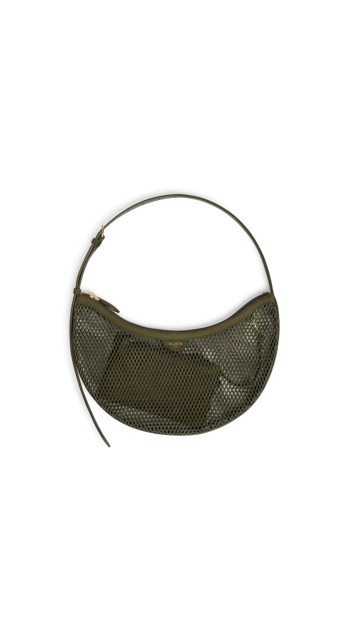 Alaia One Piece Demi Lune Bag in Fishnet and Suede, Khaki Alaia One Piece Demi Lune Bag in Fishnet and Suede, Khaki | Shoulder & Crossbody Bags | Luxury Shoes
