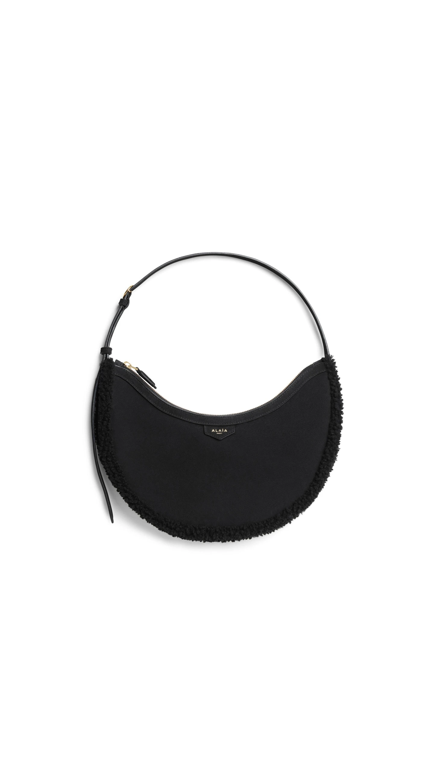 Alaia One Piece Demi Lune Bag in Merino Shearling, Black Alaia One Piece Demi Lune Bag in Merino Shearling, Black | Shoulder & Crossbody Bags | Luxury Shoes