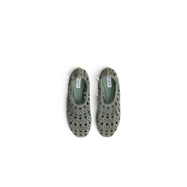 Alaia Slippers Vienne in Velvet Calfskin, Khaki | Flats | Luxury Shoes 