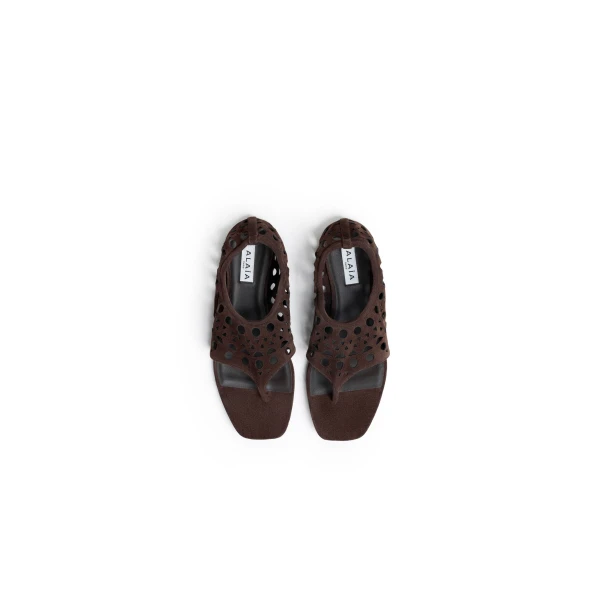 Alaia Vienne Thong Sandals in Velvet Calfskin, Chocolate | Sandals | Luxury Shoes 