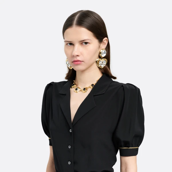 Alessandra Rich Crystal Earrings with Heart Pendant in Crystal and Gold, view 3