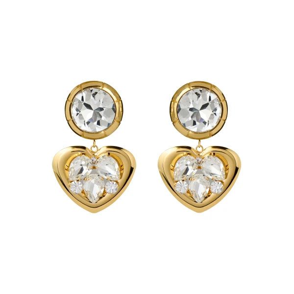 Crystal Earrings with Heart Pendant in Crystal and Gold