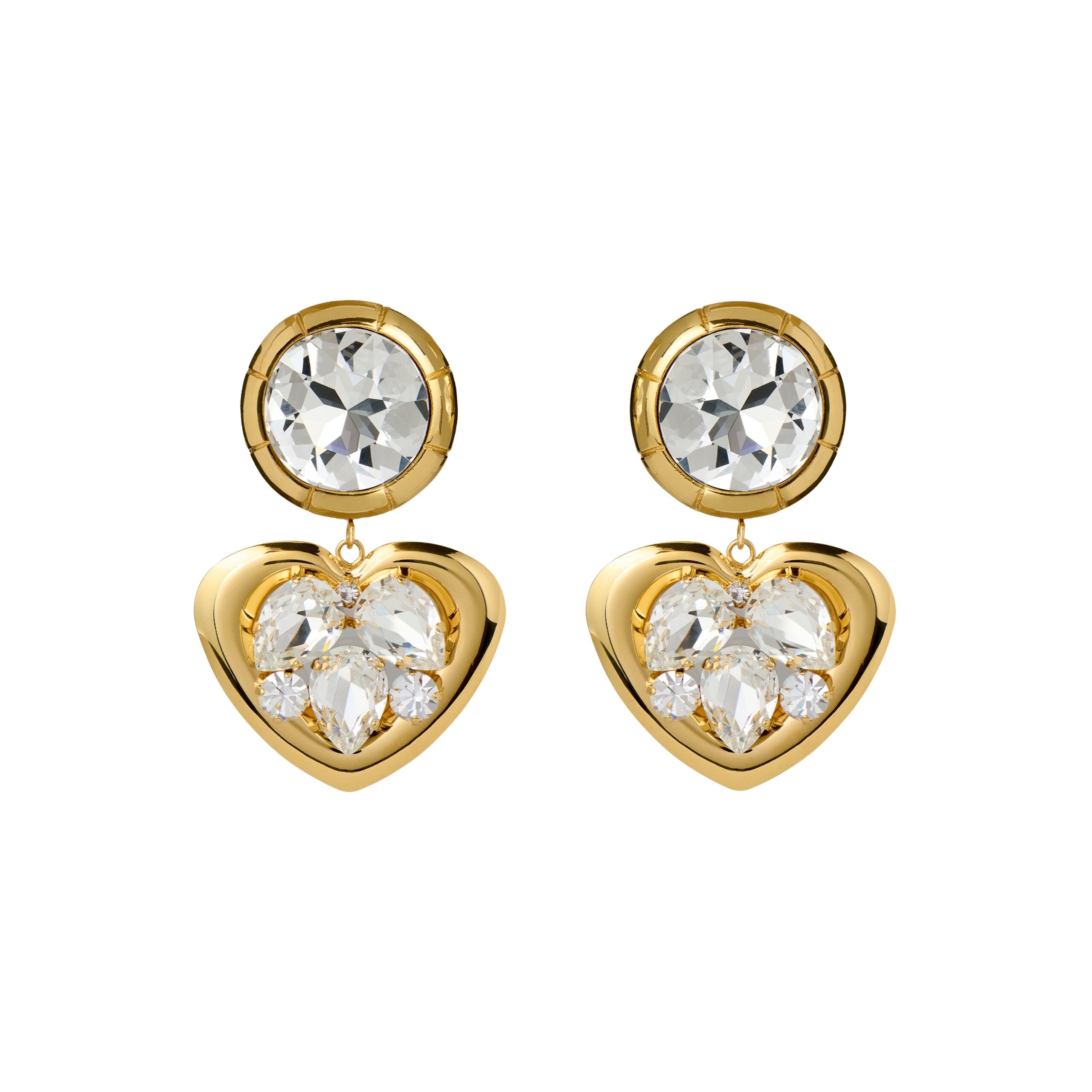 Alessandra Rich Crystal Earrings with Heart Pendant in Crystal and Gold Alessandra Rich Crystal Earrings with Heart Pendant in Crystal and Gold