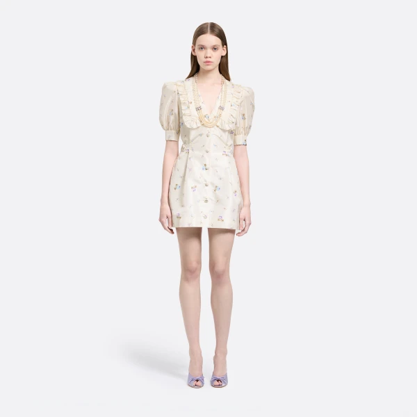 Alessandra Rich Floral-Print Silk Taffeta Mini Dress with Buckles in White and Multi, view 2