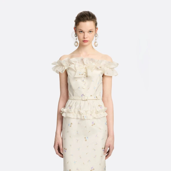 Alessandra Rich Floral-Print Silk Taffeta Off-Shoulder Dress in White and Multi, view 3