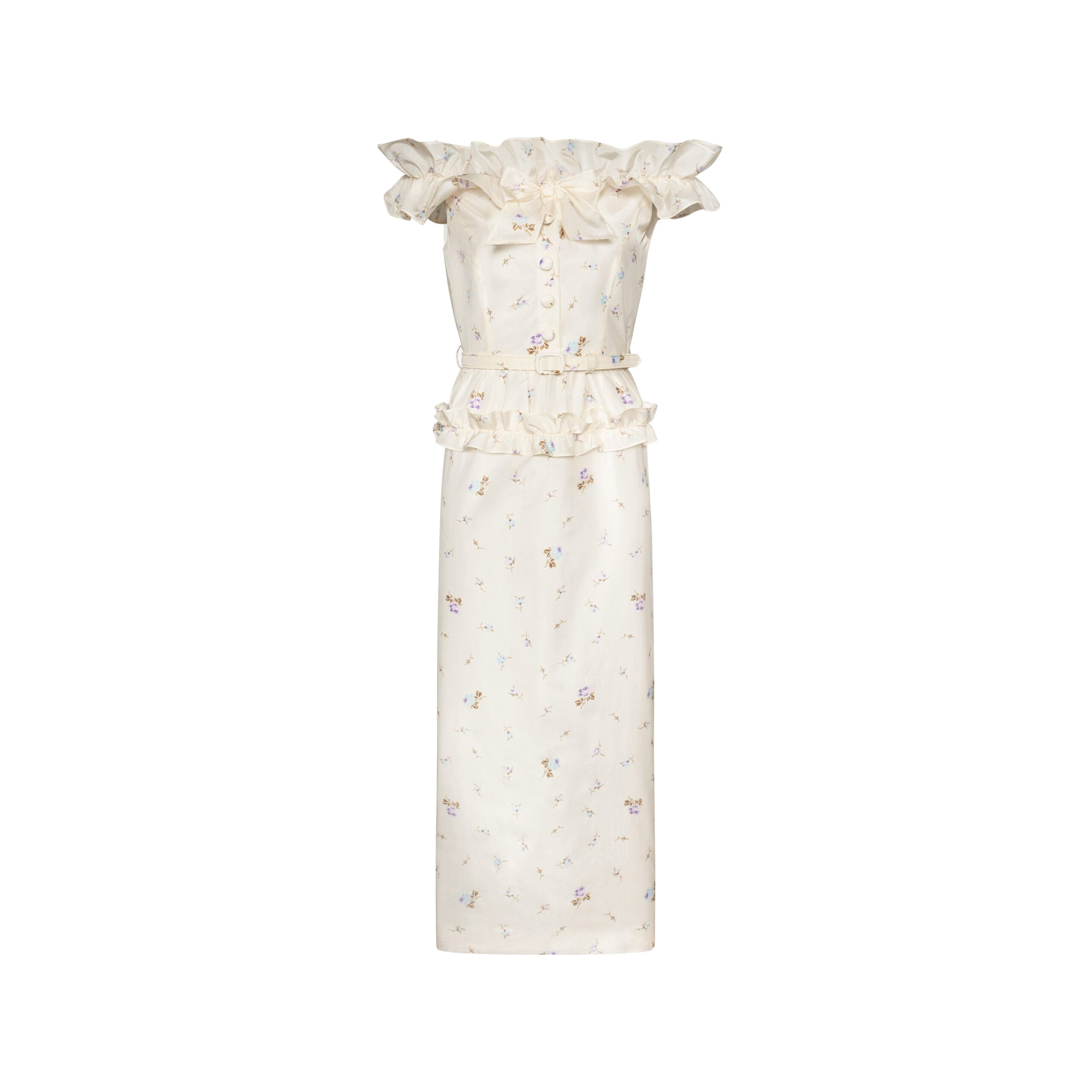 Alessandra Rich Floral-Print Silk Taffeta Off-Shoulder Dress in White and Multi Alessandra Rich Floral-Print Silk Taffeta Off-Shoulder Dress in White and Multi
