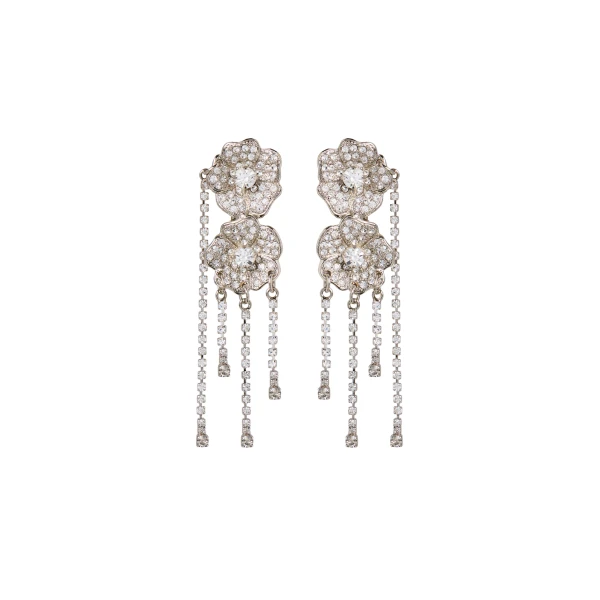 Flower Earrings with Crystal Fringes in Crystal and Silver