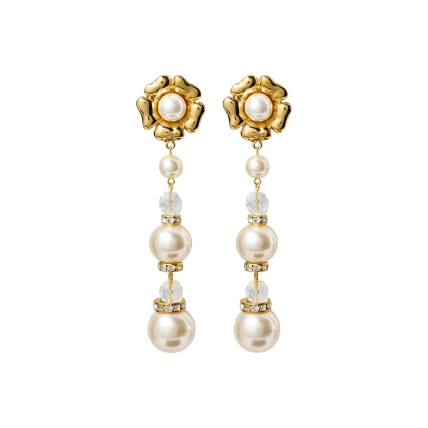 Flower Earrings with Pearl Pendant in Pearl and Gold