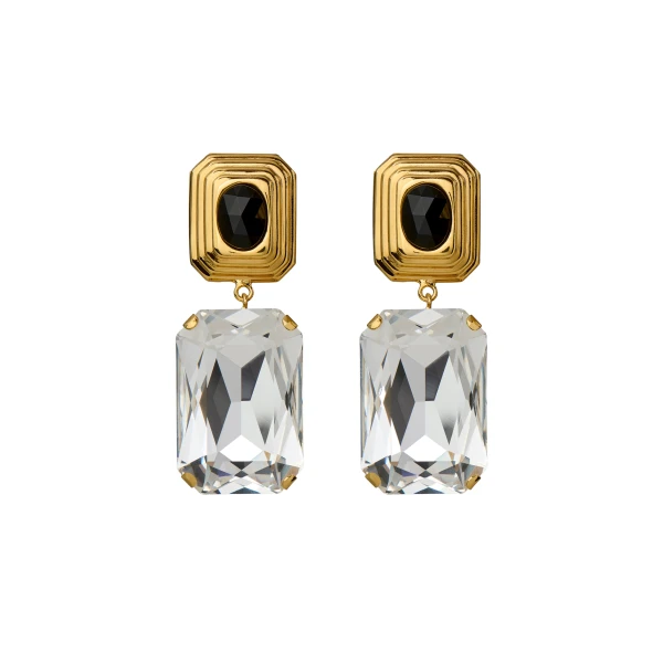 Metal Earrings with Crystal Pendant in Black Crystal and Gold