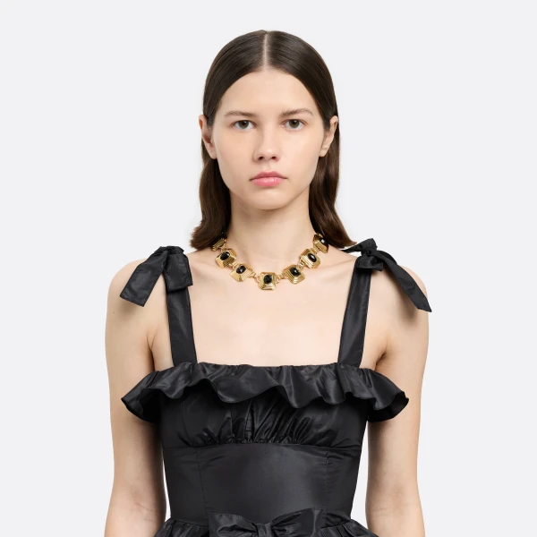 Alessandra Rich Metal Necklace with Black Crystals in Gold, view 2