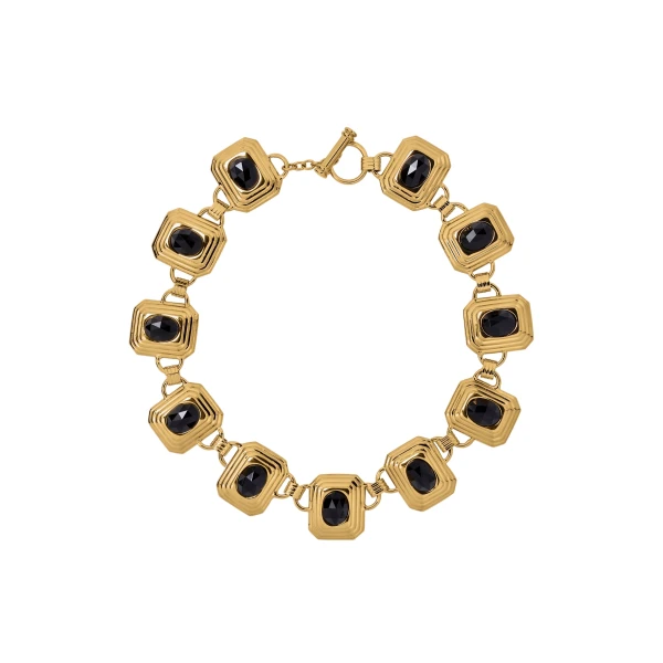 Metal Necklace with Black Crystals in Gold