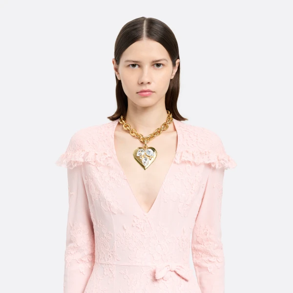 Alessandra Rich Metal Necklace with Crystal Pendant Heart in Crystal and Gold, view 2