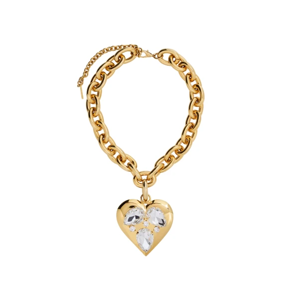 Metal Necklace with Crystal Pendant Heart in Crystal and Gold