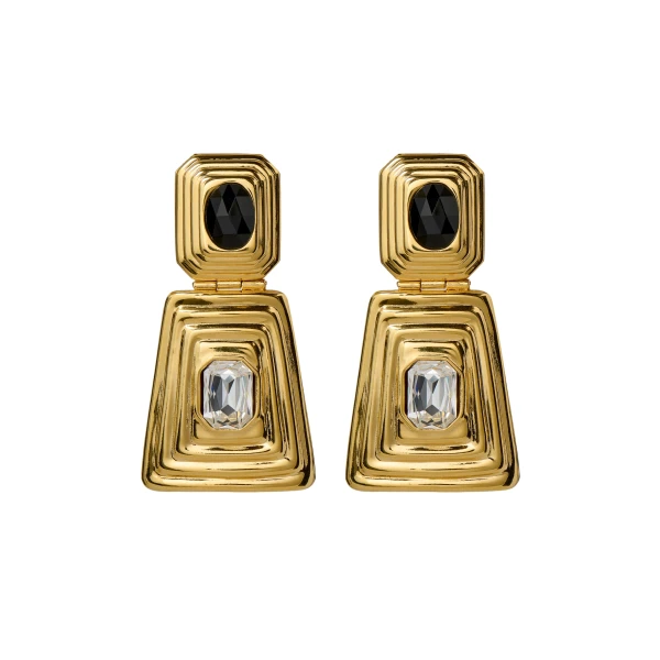 Metal and Crystal Earrings with Pendant in Black Crystal and Gold