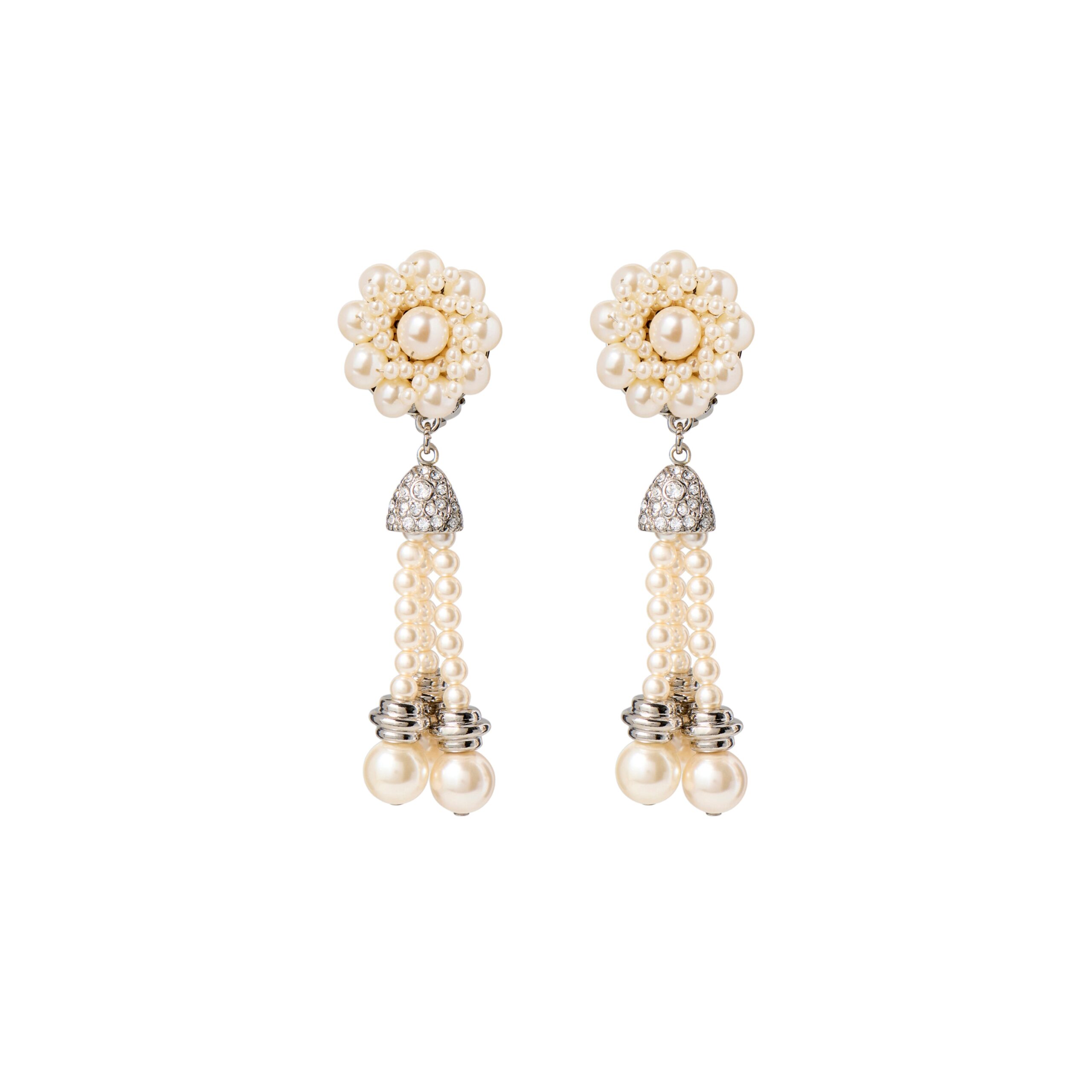 Alessandra Rich Pearl Earrings with Fringes in Pearl and Silver Alessandra Rich Pearl Earrings with Fringes in Pearl and Silver