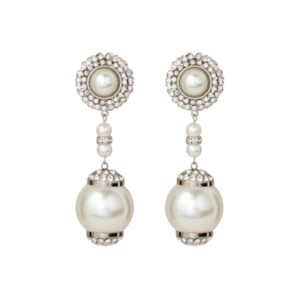 Pearl and Crystal Earrings with Pendant in Pearl and Silver