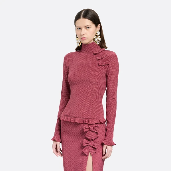 Alessandra Rich Polka-Dot Silk High Neck Midi Dress in Bordeaux and White, view 4