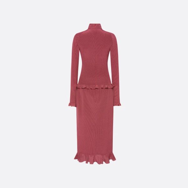 Alessandra Rich Polka-Dot Silk High Neck Midi Dress in Bordeaux and White, view 5