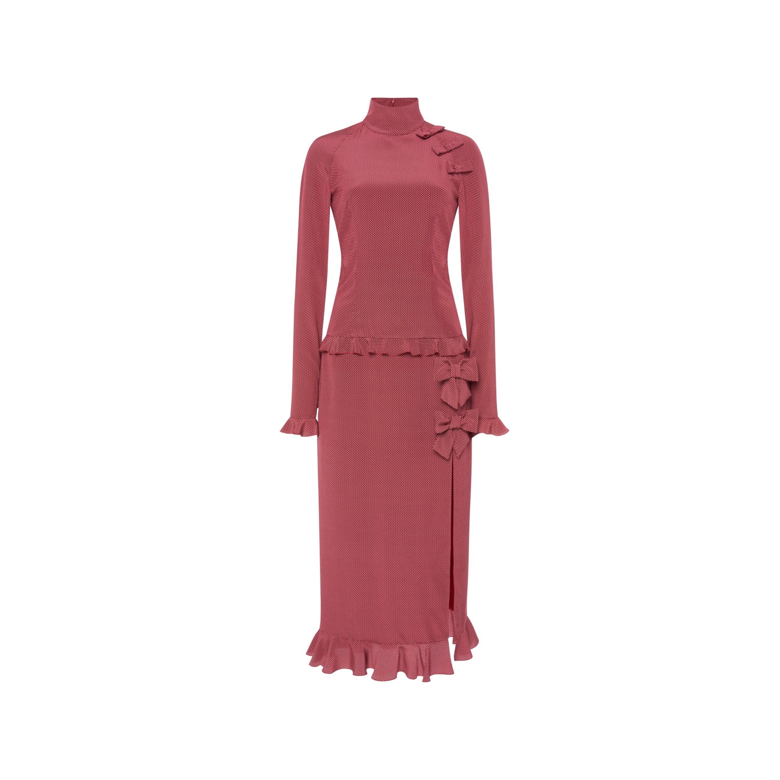 Alessandra Rich Polka-Dot Silk High Neck Midi Dress in Bordeaux and White Alessandra Rich Polka-Dot Silk High Neck Midi Dress in Bordeaux and White