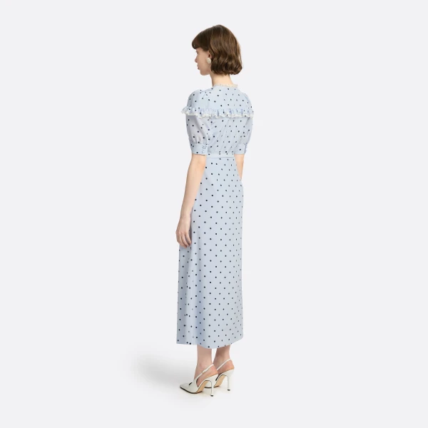 Alessandra Rich Polka-Dot Silk Midi Dress with V-Neckline in Light Blue and Blue, view 4