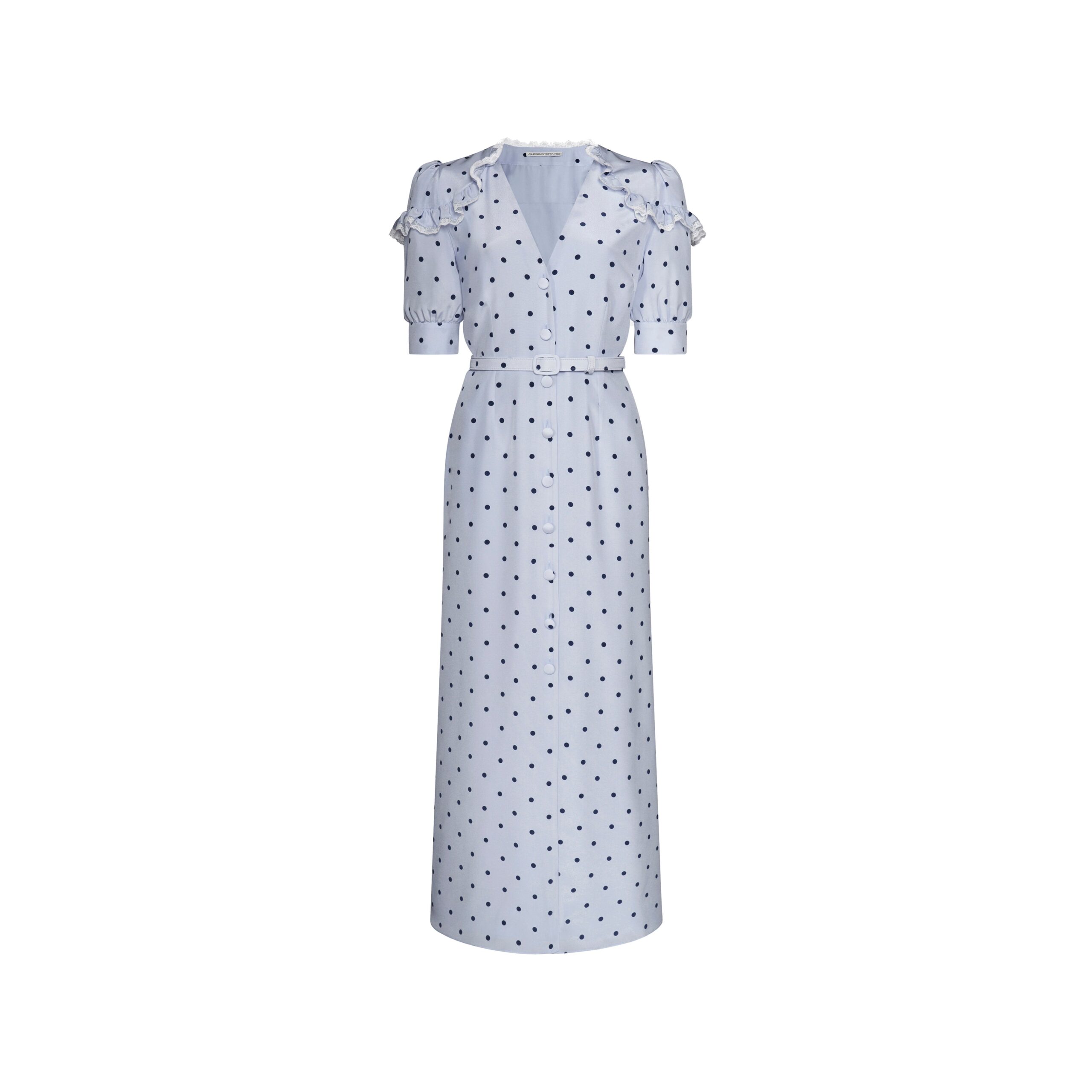 Alessandra Rich Polka-Dot Silk Midi Dress with V-Neckline in Light Blue and Blue Alessandra Rich Polka-Dot Silk Midi Dress with V-Neckline in Light Blue and Blue