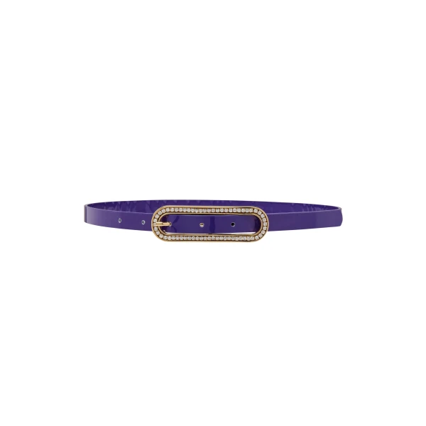 Slim Leather Belt with Crystal Buckle in Purple