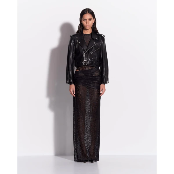 Alex Perry Asymmetric Drape Skirt in Leopard Lace, Black