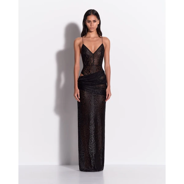 Alex Perry Bikini Asymmetric Drape Column in Leopard Lace, Black