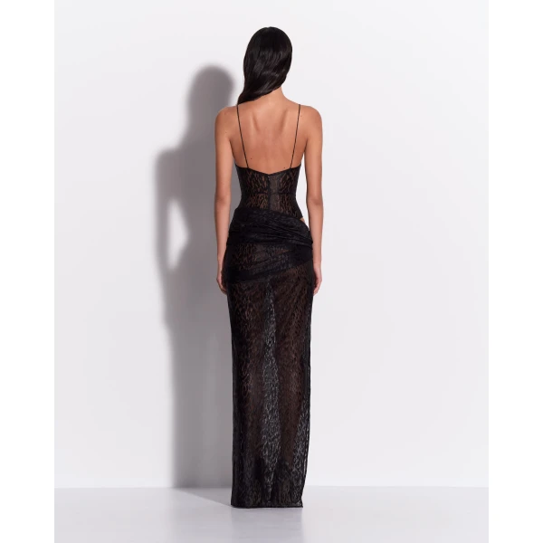 Alex Perry Bikini Asymmetric Drape Column in Leopard Lace, Black