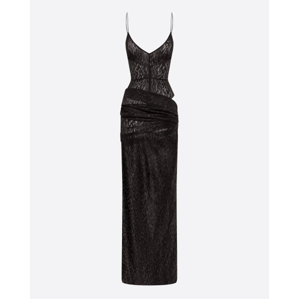Alex Perry Bikini Asymmetric Drape Column in Leopard Lace, Black