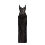 Alex Perry Bikini Asymmetric Drape Column in Leopard Lace, Black | Maxi Dresses | Luxury Shoes 
