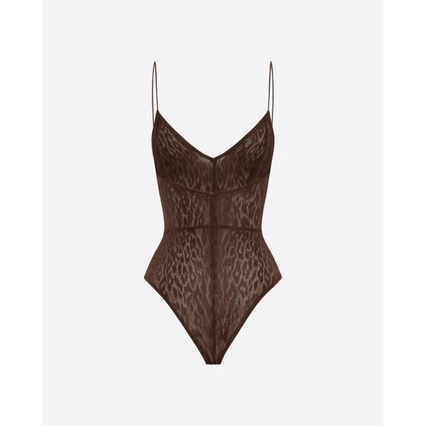 Alex Perry Bikini Bodysuit in Leopard Lace, Brown