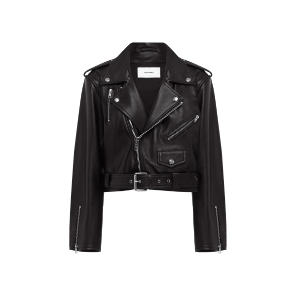 Cropped Biker Jacket in Leather, Black