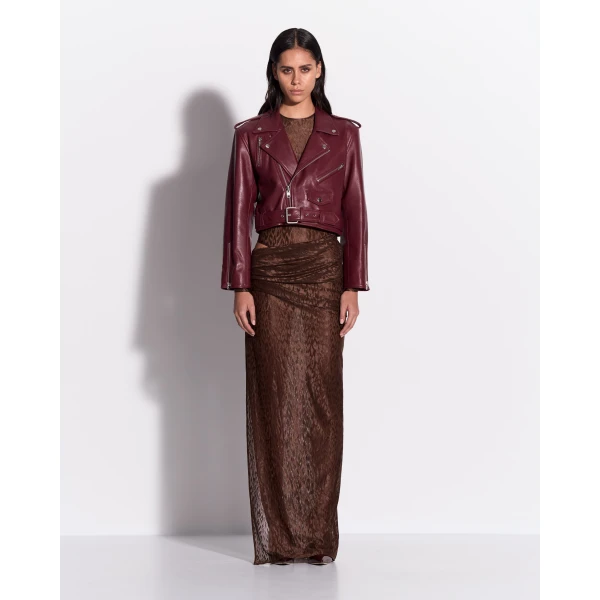 Alex Perry Cropped Biker Jacket in Leather, Cherry